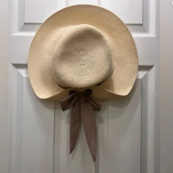 Nine West OS Straw Sun Hat with Mauve/Brow Brim Tie & Bow Pull Up No Callouts!! - Picture 2 of 6